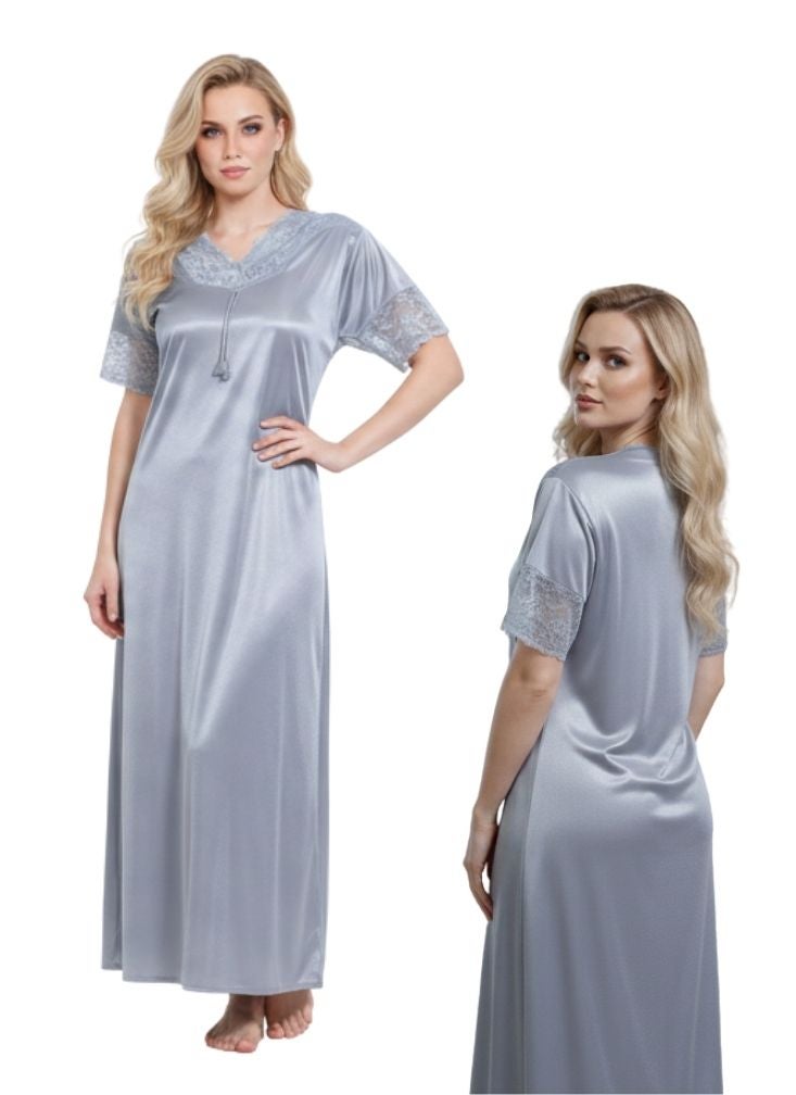 Comfort Women’s Satin Nightgown Full Length – Silver Grey Sleepwear with Lace Trim & Soft Shine Finish - Image 1